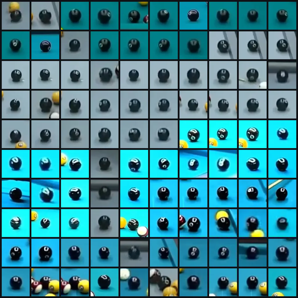 Contact sheet of black 8-ball detections tracked through the match by the YOLOv8 computer vision pipeline