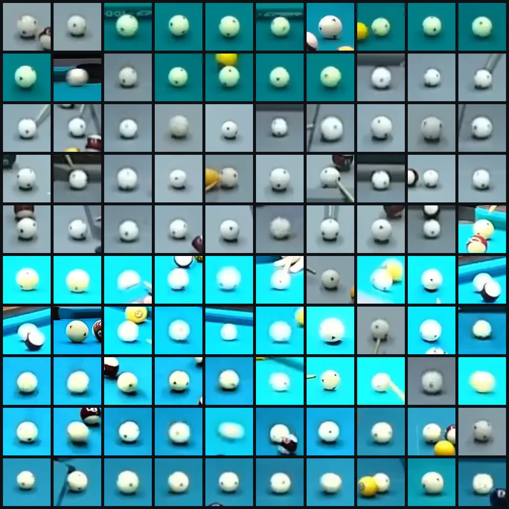 Contact sheet of cue ball crops detected frame by frame by the custom-trained YOLOv8 model across the match
