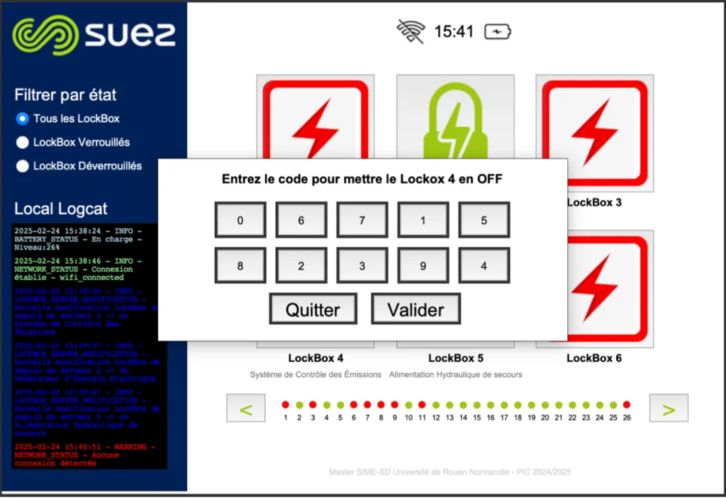 Lockout-tagout station touchscreen in local mode: the 26 electronic lockboxes shown locked or unlocked, a keypad prompting for the release code, and a live local log recording battery, network and server events